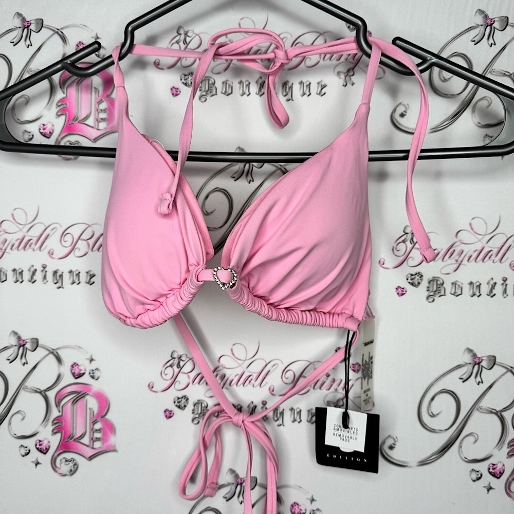 Garage Pink Bikini Top heart rhinestone bling emblem centre bubblegum NWT